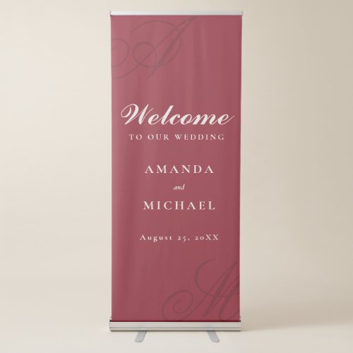 Cranberry Red Elegant Monogram Wedding Retractable Banner