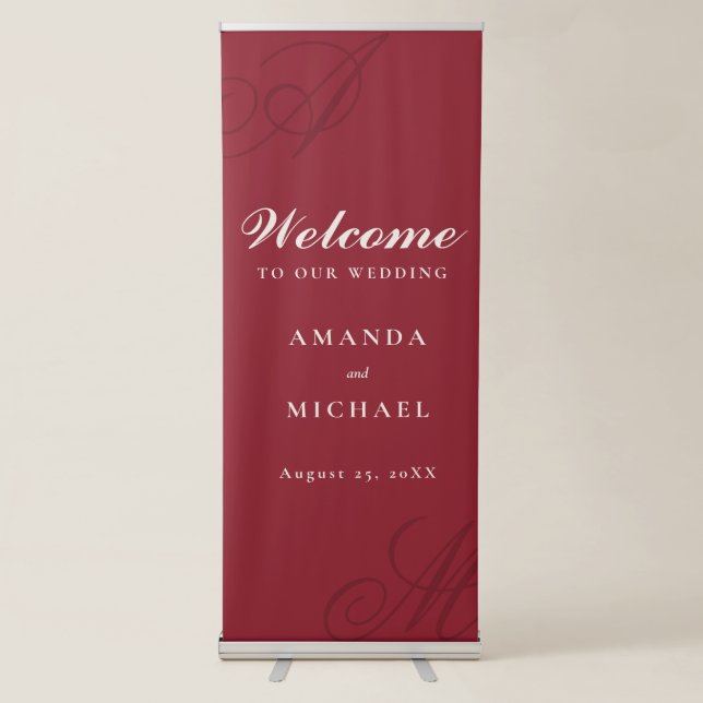 Cranberry Red Elegant Monogram Wedding Retractable Banner (Front)