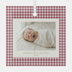 Cranberry Red Gingham Custom Baby First Christmas Glass Ornament