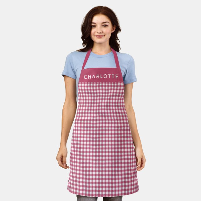 Cranberry Red Gingham Personalized Name Christmas Apron (Worn)