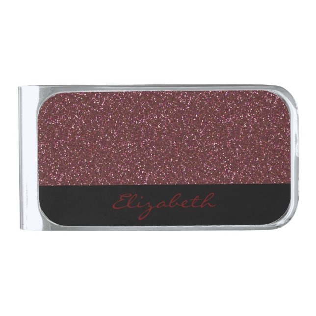 Cranberry Red Glitter Personalized Silver Finish Money Clip (Front)
