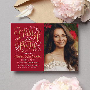 Cranberry Red Gold Script Graduation Party Invitation