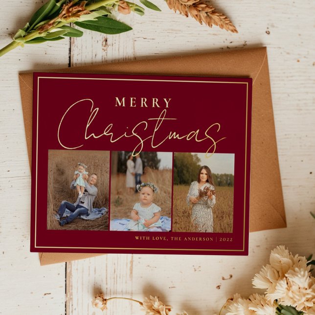 Cranberry Red Gold Three Photo Collage With Frame Foil Holiday Postcard (Creator Uploaded)