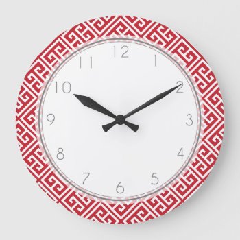 Cranberry Red Greek Key Pattern Large Clock by heartlockedhome at Zazzle