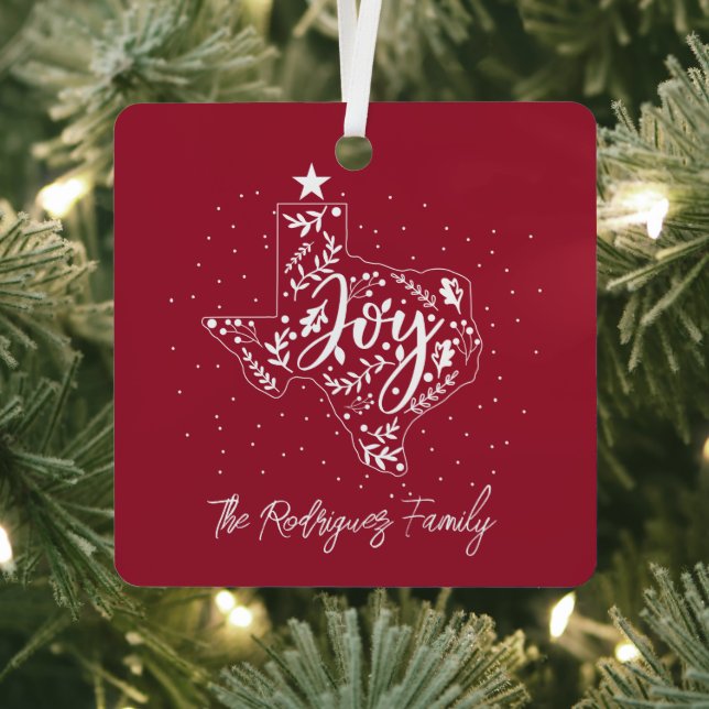 Cranberry Red Joy Holiday Leaves Texas Shape Metal Ornament (Insitu)