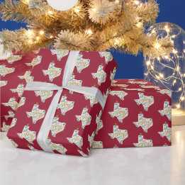 Cranberry Red Joy Holiday Leaves Texas Shape Wrapping Paper