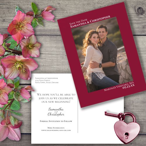 Cranberry Red Minimal Photo Wedding Save the Date Announcement Postcard
