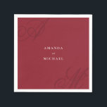 Cranberry Red Modern Edge Elegant Monogram Wedding Napkins<br><div class="desc">A simple modern minimalist design with an elegant edge, this unique wedding napkin design features beautiful calligraphy script monograms of the bride and groom on alternate corners. The bride and groom's names are centered with a clean classic look on a cranberry red background with ivory text. Replace the sample text...</div>