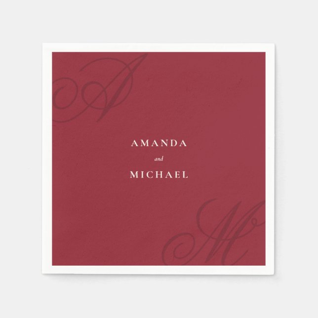 Cranberry Red Modern Edge Elegant Monogram Wedding Napkins (Front)