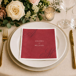 Cranberry Red Modern Edge Elegant Monogram Wedding Napkins