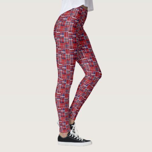 Cranberry Red Navy Blue Madras Patchwork Plaid Leggings