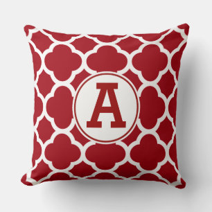 Cranberry Red Quatrefoil Pattern Monogram Throw Pillow