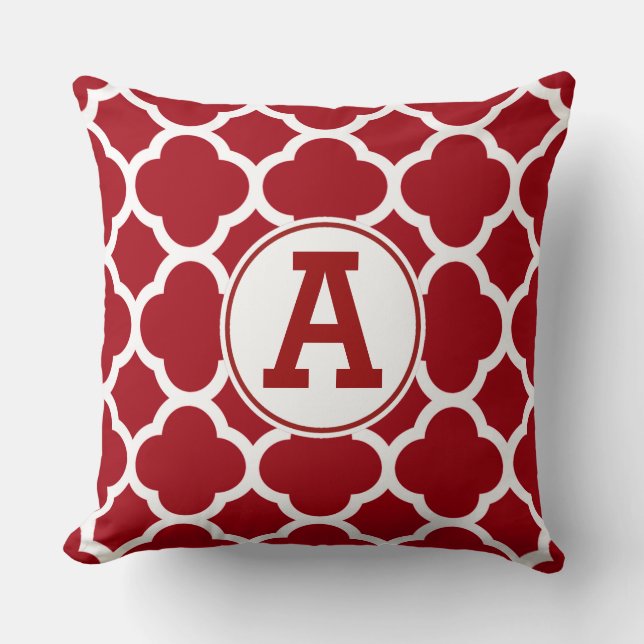 Cranberry Red Quatrefoil Pattern Monogram Throw Pillow (Front)