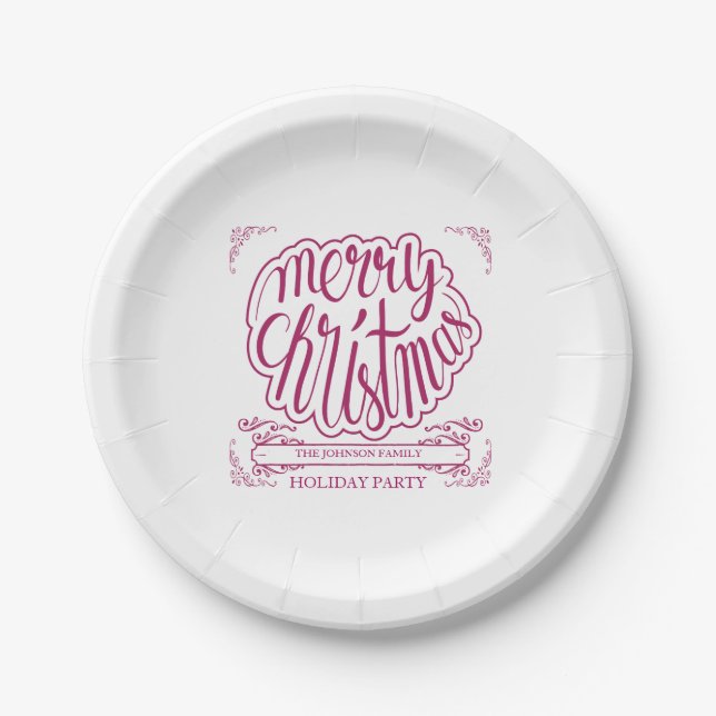 Cranberry Red, Retro Typography Holiday Paper Plates (Front)