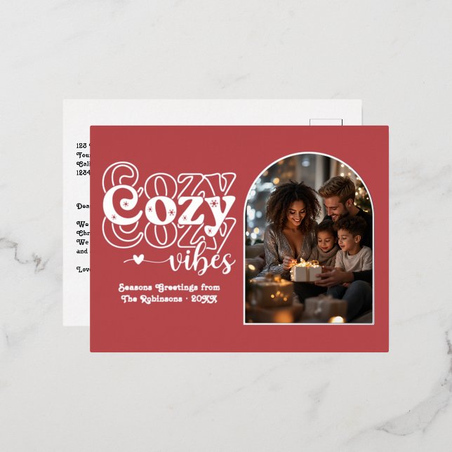 Cranberry Red & Silver Cozy Vibes Retro Christmas Foil Holiday Postcard (Front/Back)