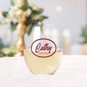 Cranberry Red Stylized Name Wedding Bridesmaid Stemless Wine Glass
