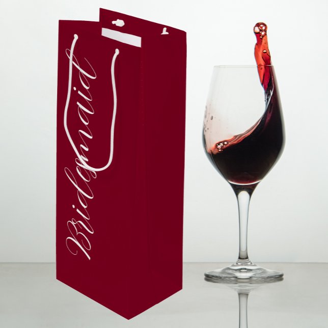 Cranberry Red Stylized Script Wedding Bridesmaid Wine Gift Bag (In Situ)