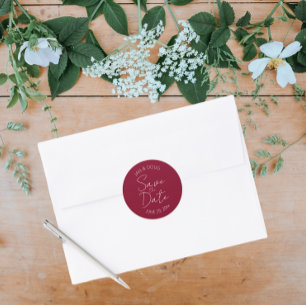 Cranberry Red Stylized Wedding Save the Date Classic Round Sticker