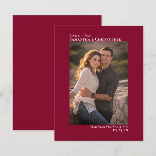 Cranberry Red Vertical Photo Minimalist Wedding Save The Date (Front/Back)