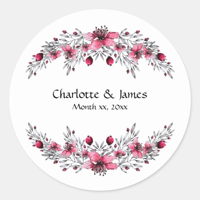 Cranberry Red Watercolor Blossoms Classic Round Sticker (Front)