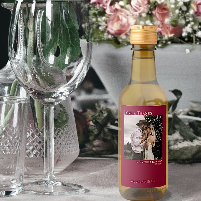 Cranberry Red Wedding Photo Love & Thanks Mini Wine Label (Creator Uploaded)