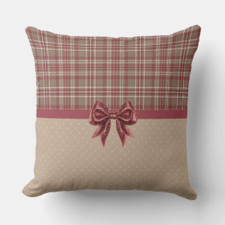 Cranberry Red, White and Tan Plaid Throw Pillow