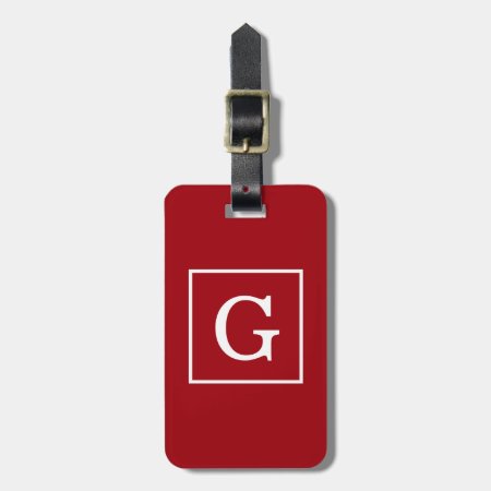Cranberry Red White Framed Initial Monogram Luggage Tag