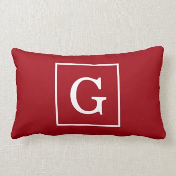 Cranberry Red White Framed Initial Monogram Lumbar Pillow by FantabulousPatterns at Zazzle