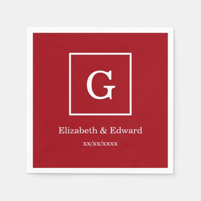 Cranberry Red White Framed Initial Monogram Paper Napkins (Front)