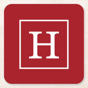 Cranberry Red White Framed Initial Monogram Square Paper Coaster
