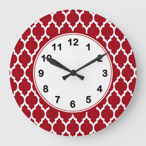 Cranberry Red White Moroccan Quatrefoil Pattern 4 Large Clock