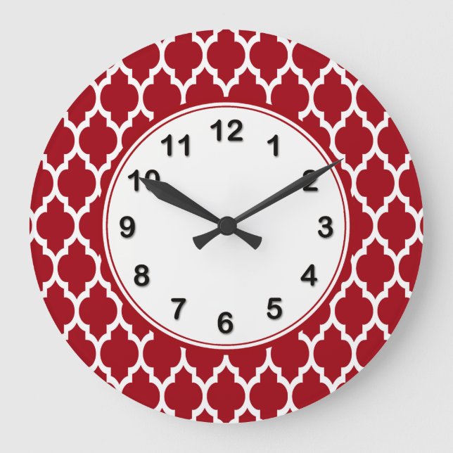 Cranberry Red White Moroccan Quatrefoil Pattern #4 Large Clock (Front)