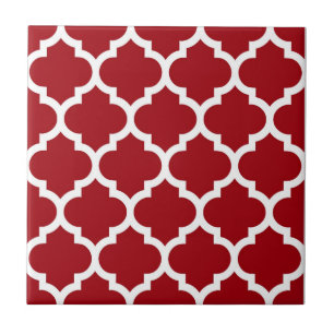 Cranberry Red White Moroccan Quatrefoil Pattern #5 Tile