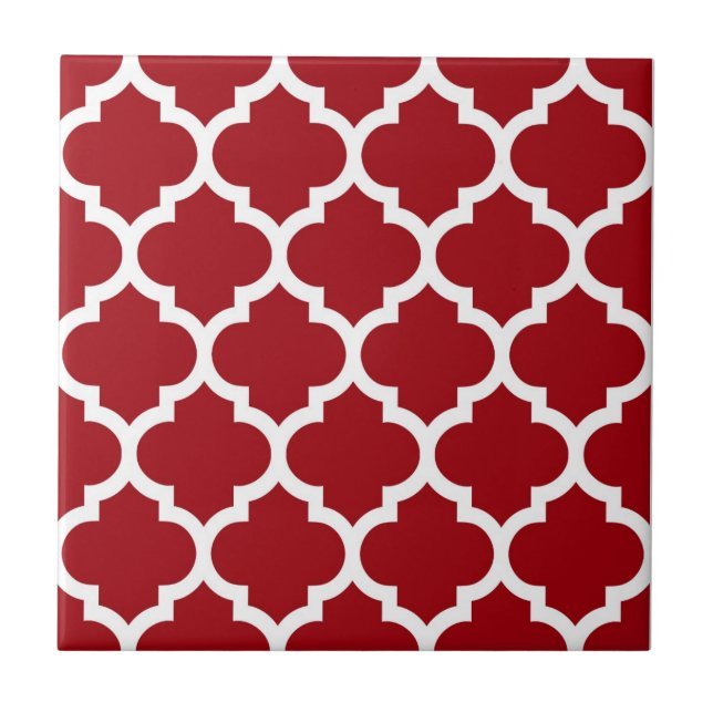 Cranberry Red White Moroccan Quatrefoil Pattern #5 Tile (Front)