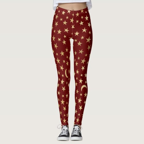 Cranberry Red With Gold Foil Stars and Moons   Leggings