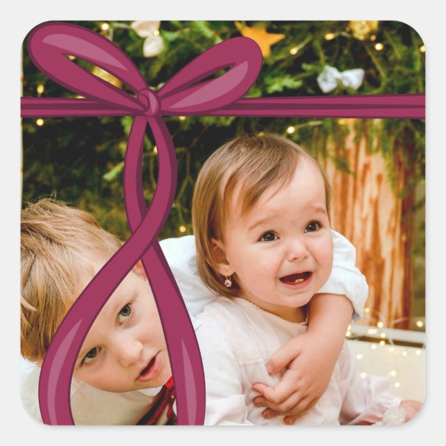 CRANBERRY RIBBON BOW PHOTO SQUARE STICKER (Front)