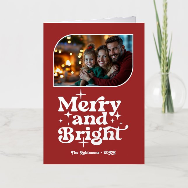 Cranberry & Silver Merry & Bright Photo Christmas Foil Holiday Card (Front)