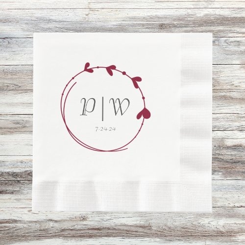 Cranberry Simple Heart Wreath Initials Wedding Napkins