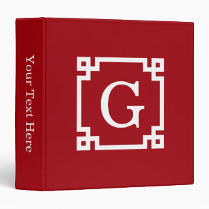 Cranberry Wht Greek Key Frame #2 Initial Monogram 3 Ring Binder