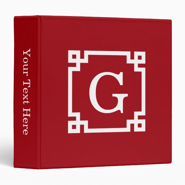 Cranberry Wht Greek Key Frame #2 Initial Monogram 3 Ring Binder (Front/Spine)