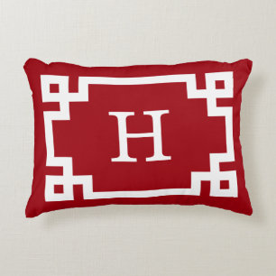 Cranberry Wht Greek Key Frame #2 Initial Monogram Accent Pillow