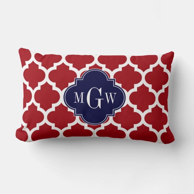Cranberry Wht Moroccan #5 Navy Blue Name Monogram Lumbar Pillow (Front)