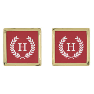 Cranberry Wht Wheat Laurel Wreath Initial Monogram Cufflinks