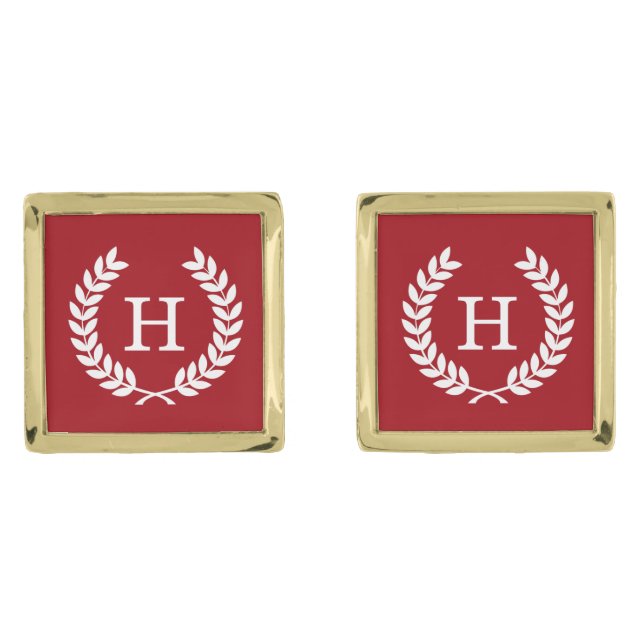 Cranberry Wht Wheat Laurel Wreath Initial Monogram Cufflinks (Front)