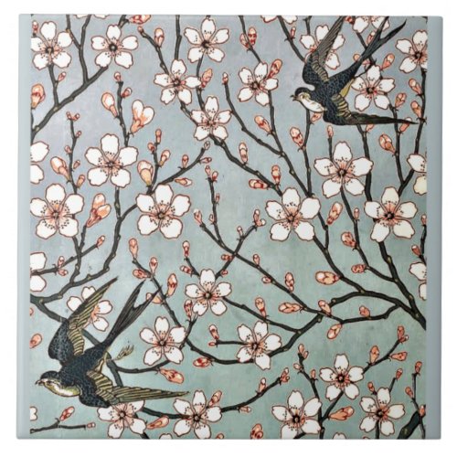 Crane _ Almond Blossoms and Swallows Ceramic Tile