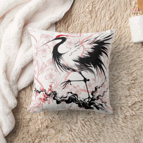 Crane and Cherry Blossums Throw Pillow