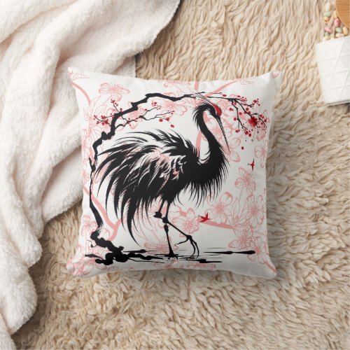 Crane and Cherry Blossums  Throw Pillow