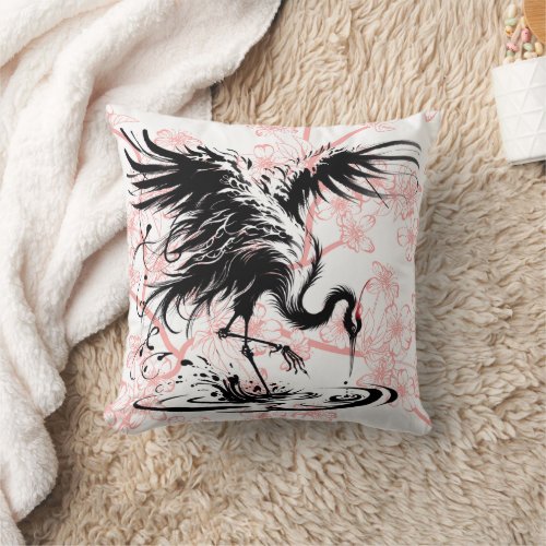 Crane and Cherry Blossums  Throw Pillow