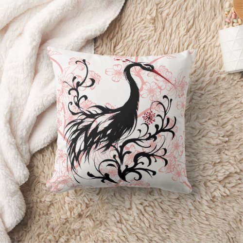 Crane And Cherry Blossums Throw Pillow