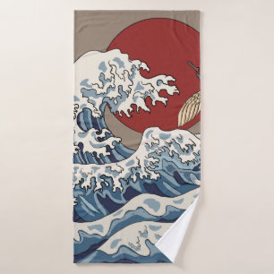 Crane and Japanese wave illustration Traditional C Bath Towel